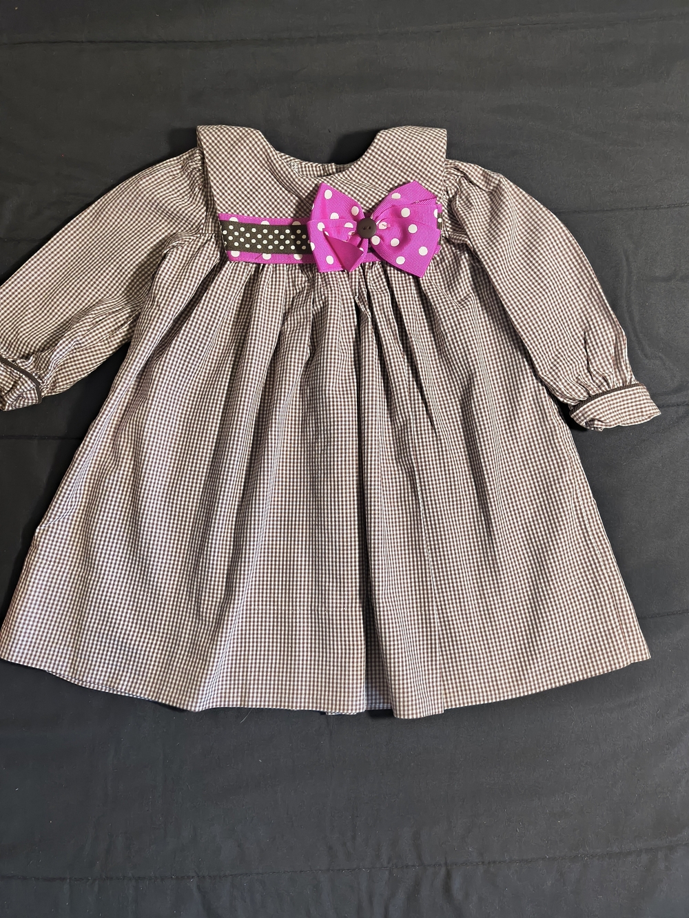 Girls Cream & Brown Gingham Formal Dress with Pink Bow Accent